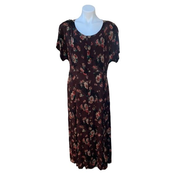 Vintage 90s Floral Maxi Dress Brown Button Front Size 12 MEDIUM - Picture 1 of 8